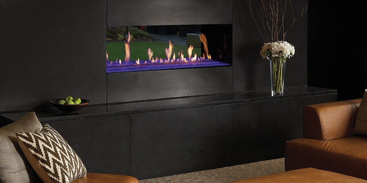 Stock Image - DaVinci Custom Fireplaces - DaVinci Collection - See-Thru Linear Gas Fireplace DaVinci Gas Linear Fireplace & Outdoor Fire - Stove Depot and Chimney Works