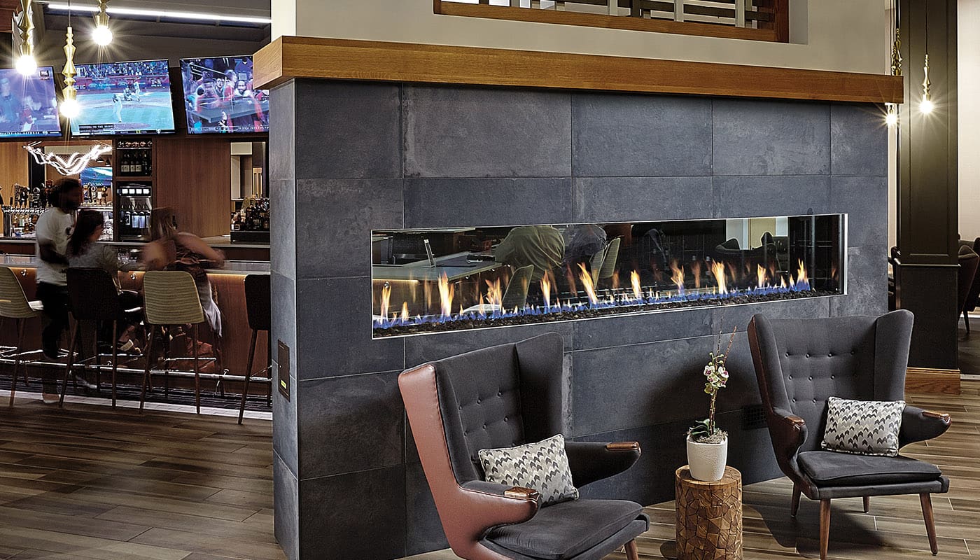 Stock Image - DaVinci Custom Fireplaces - DaVinci Collection - See-Thru Linear Gas Fireplace DaVinci Gas Linear Fireplace & Outdoor Fire - Stove Depot and Chimney Works