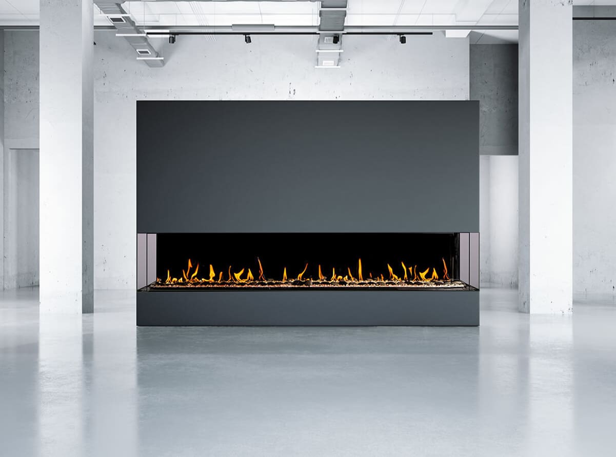 Stock Image - Flare - Large Double Corner Flare Fireplaces Gas Bay Fireplace - Stove Depot and Chimney Works