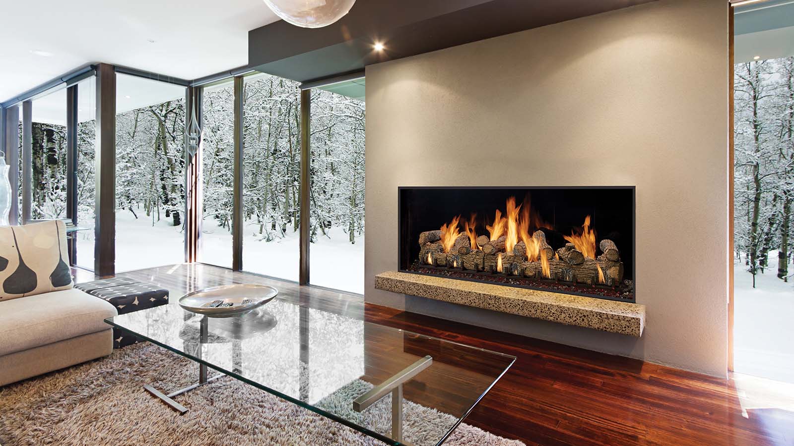 Stock Image - DaVinci Custom Fireplaces - Timber Fire Collection - Single-Sided Gas Fireplace DaVinci Gas Linear Fireplace & Outdoor Fire - Stove Depot and Chimney Works