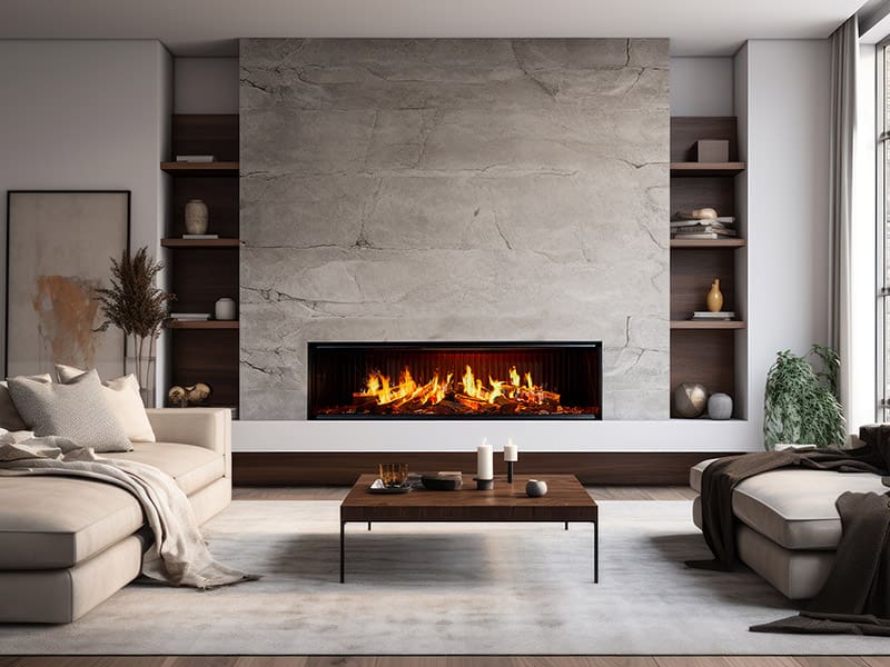 Stock Image - DaVinci Custom Fireplaces - GreenSmart Electric Fireplace DaVinci Electric Bay & Linear & Multi-Sided Fireplace - Stove Depot and Chimney Works