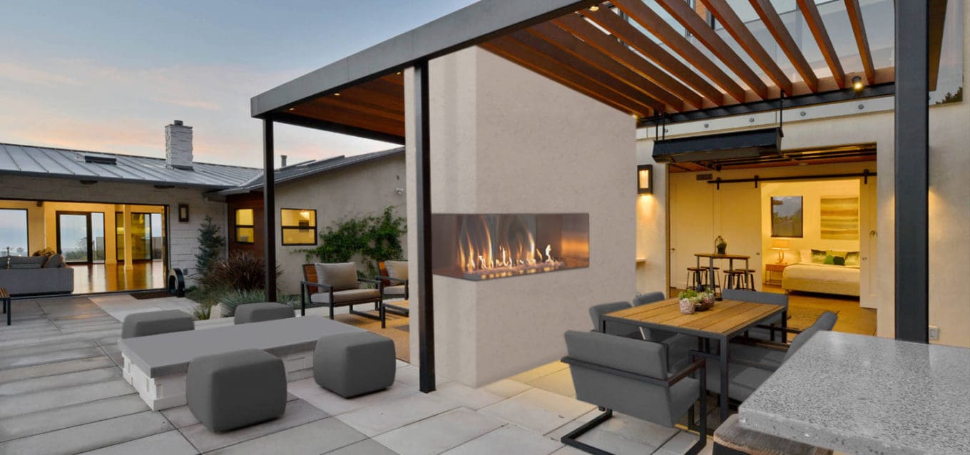 Stock Image - European Home J Series M1: Corner Style Outdoor Gas Fireplace European Home Gas Corner Fireplace & Outdoor Fire - Stove Depot and Chimney Works